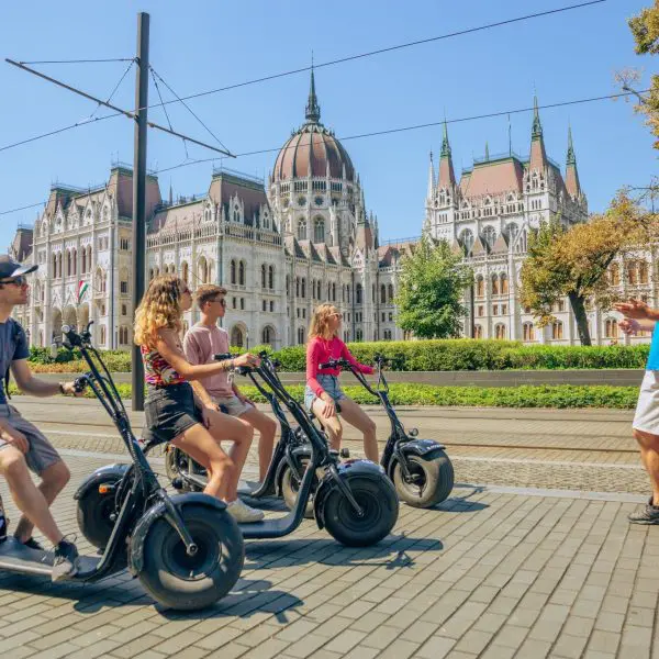 A group of tourists on a guided tour in Budapest.