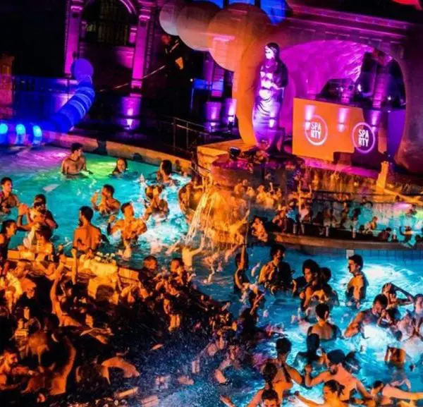 View of the Szechenyi bath’s night party in Budapest