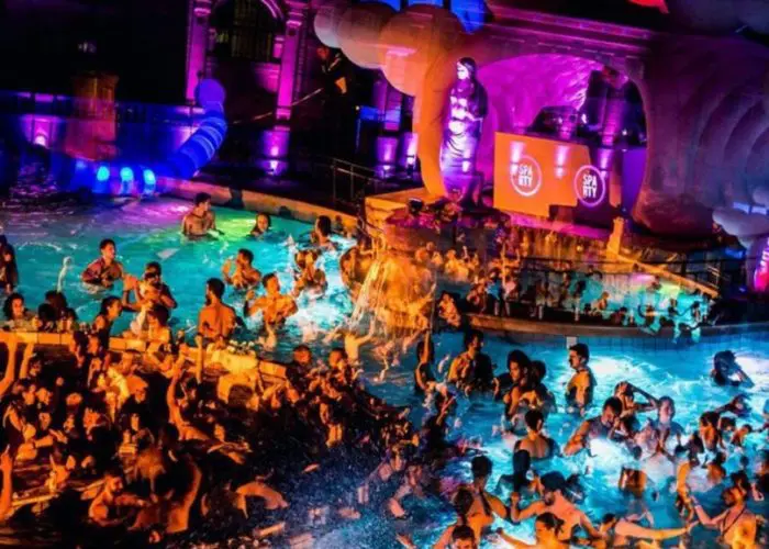 View of the Szechenyi bath’s night party in Budapest