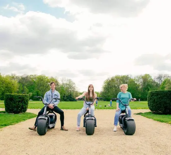 Three people riding electric scooters on a gravel path in a park. Green grass and trees are visible in the background under a cloudy sky.