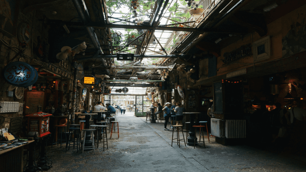 Dimly lit, eclectic bar interior with exposed beams, hanging plants, and mismatched seating; patrons are seen at tables and the bar, where they discuss the most fun things to do in Budapest. A bright opening is visible at the far end.