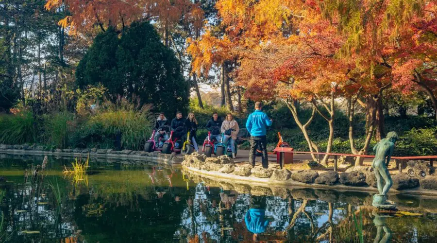 A group of people stands along the edge of a pond in a park with vibrant autumn foliage, part of the charming All In Budapest Tour. The trees display orange and red leaves, reflecting in the water. A person in a blue jacket faces the group, while a small statue is visible near the pond.