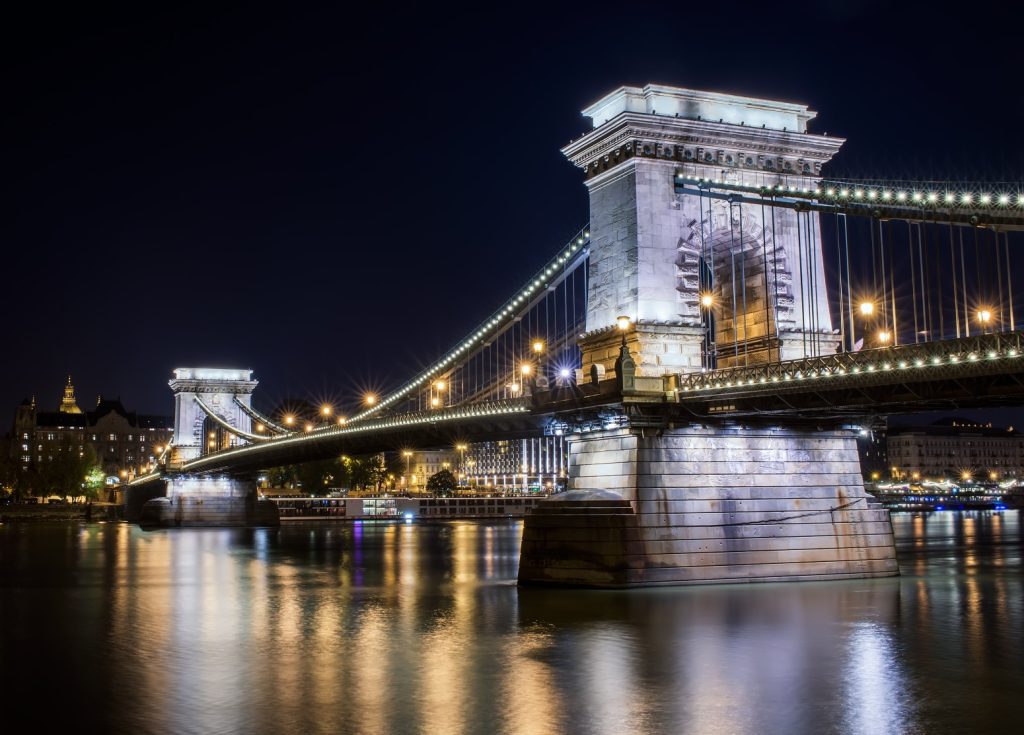Chain Bridge in Budapest at night illuminated by lights