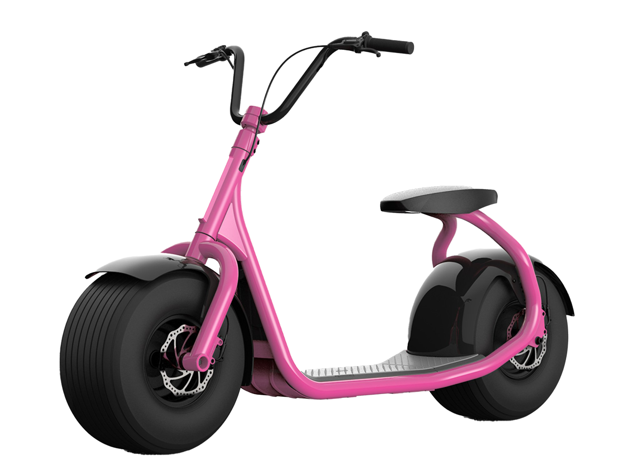 A pink electric scooter with a black seat, thick black tires, and black handlebar grips. The scooter has front and rear disc brakes and a footrest area above the frame.