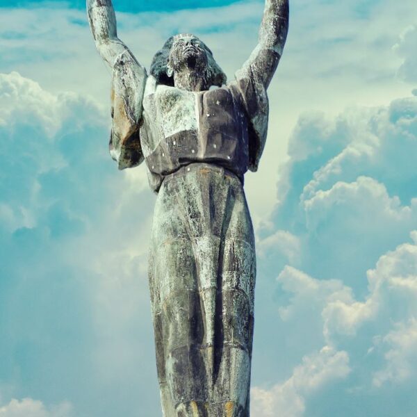 A tall bronze statue of a woman holding a large palm leaf above her head stands on a stone pedestal, set against a partly cloudy sky—an iconic sight often admired during a Budapest Citadel tour.
