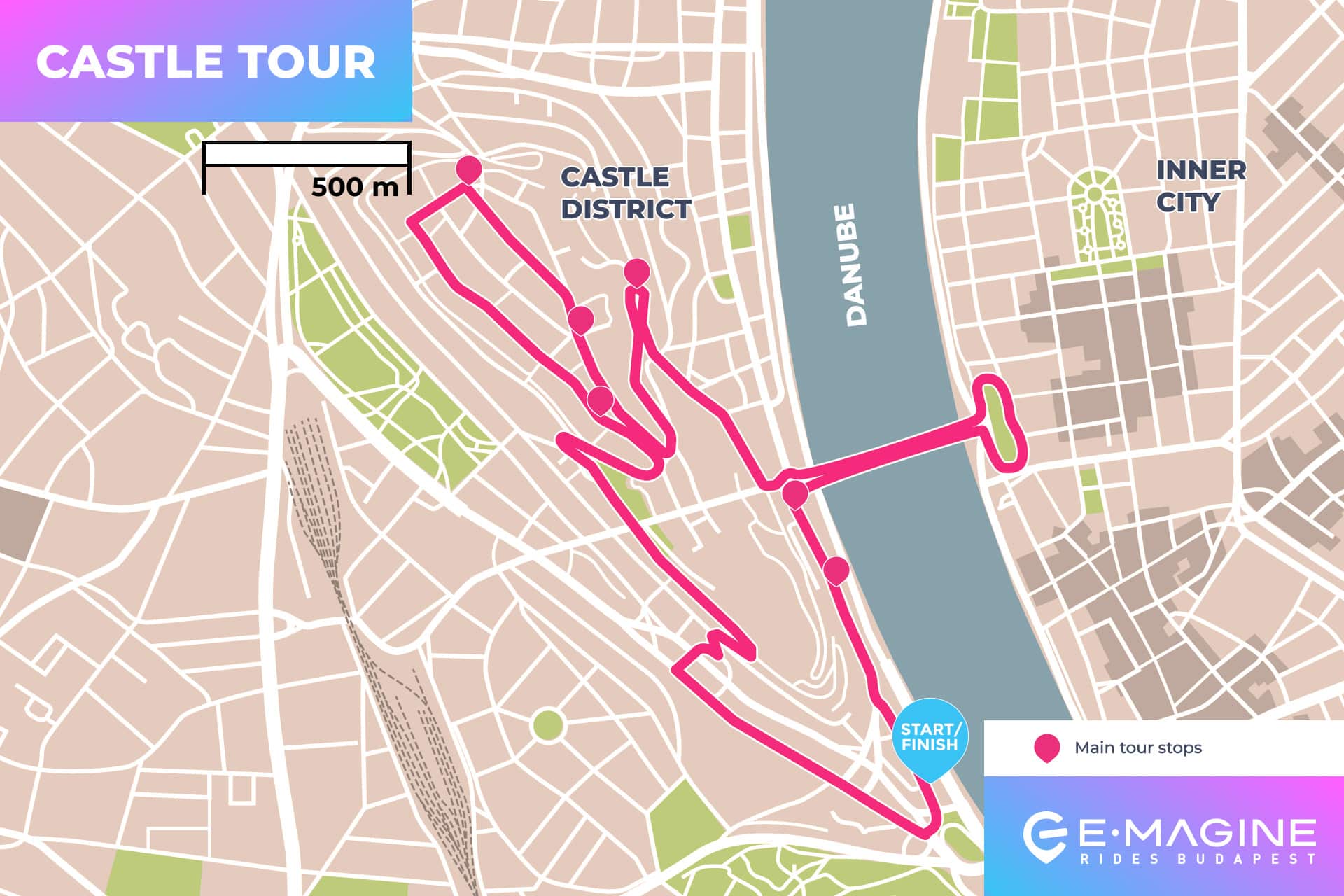 Map of Budapest's Castle Tour by E-Magine showing the tour route with main stops marked throughout the Castle District near the Danube, including the starting and finishing point.