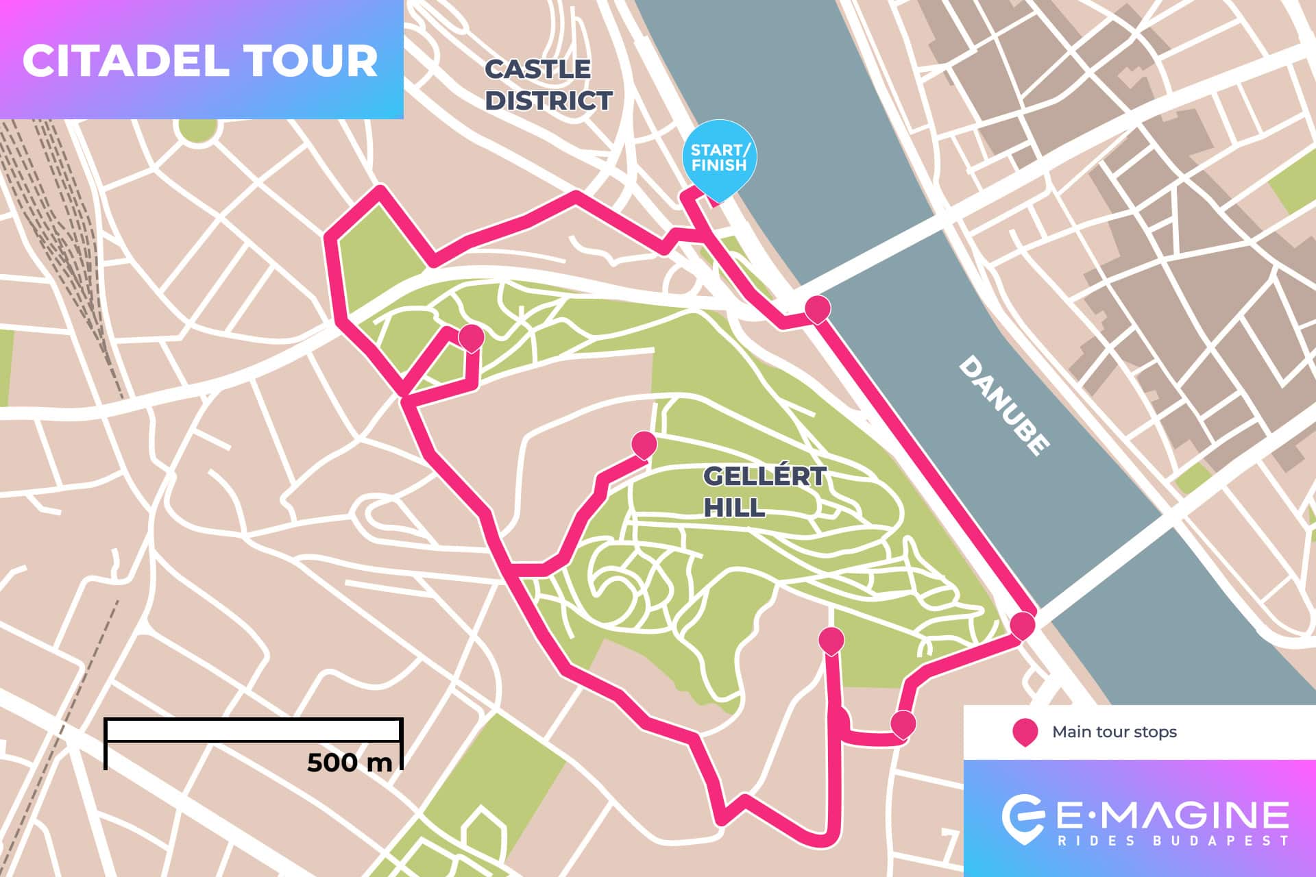 Map showing the Citadel Tour route around Gellért Hill and Castle District in Budapest. The route includes several main tour stops, starting and finishing near the Danube River.