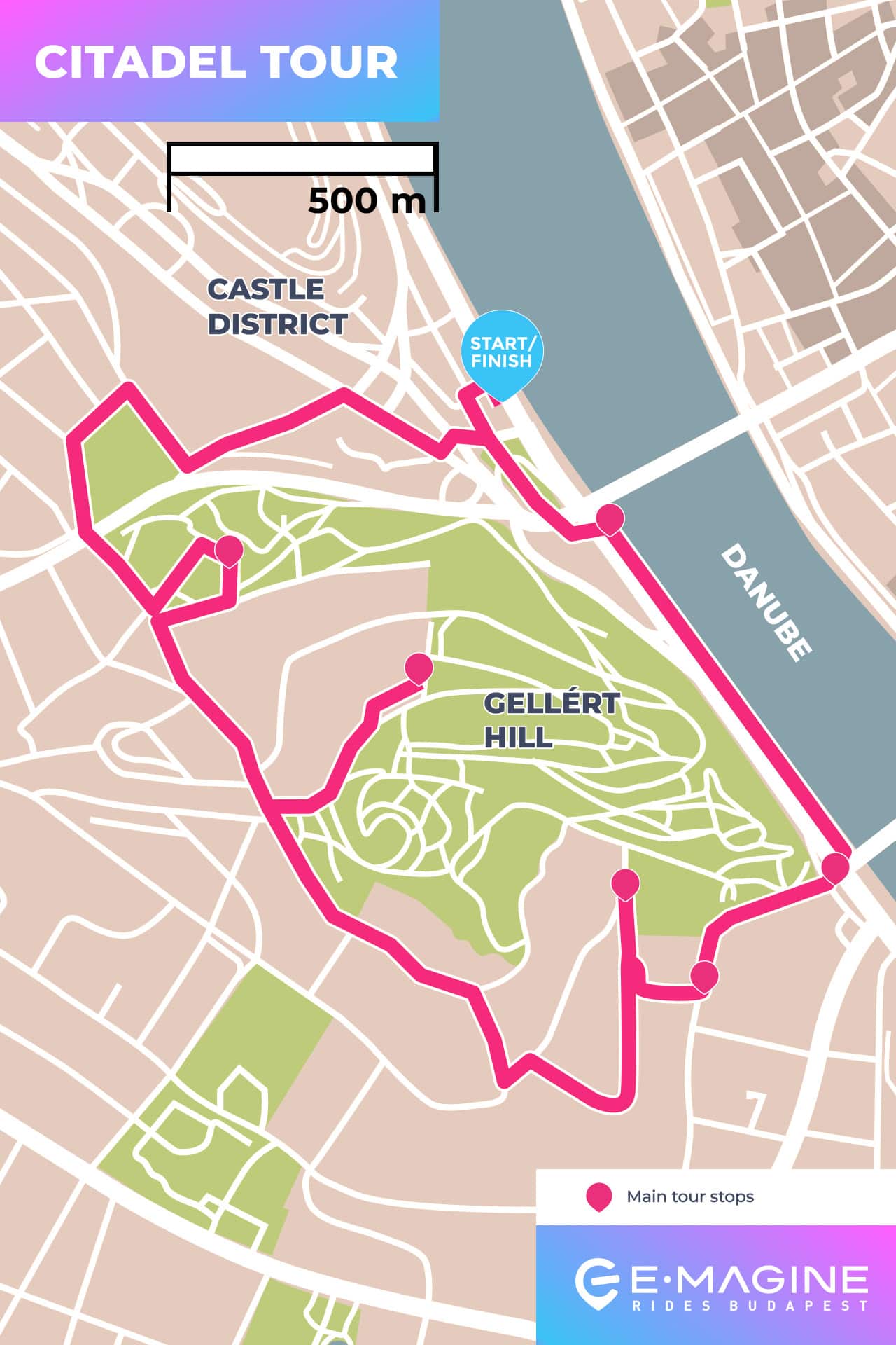 Map of the Citadel Tour in Budapest, showing a route starting and ending near the Danube, passing through the Castle District and Gellért Hill. Stops are marked along the way and a 500m scale is included.