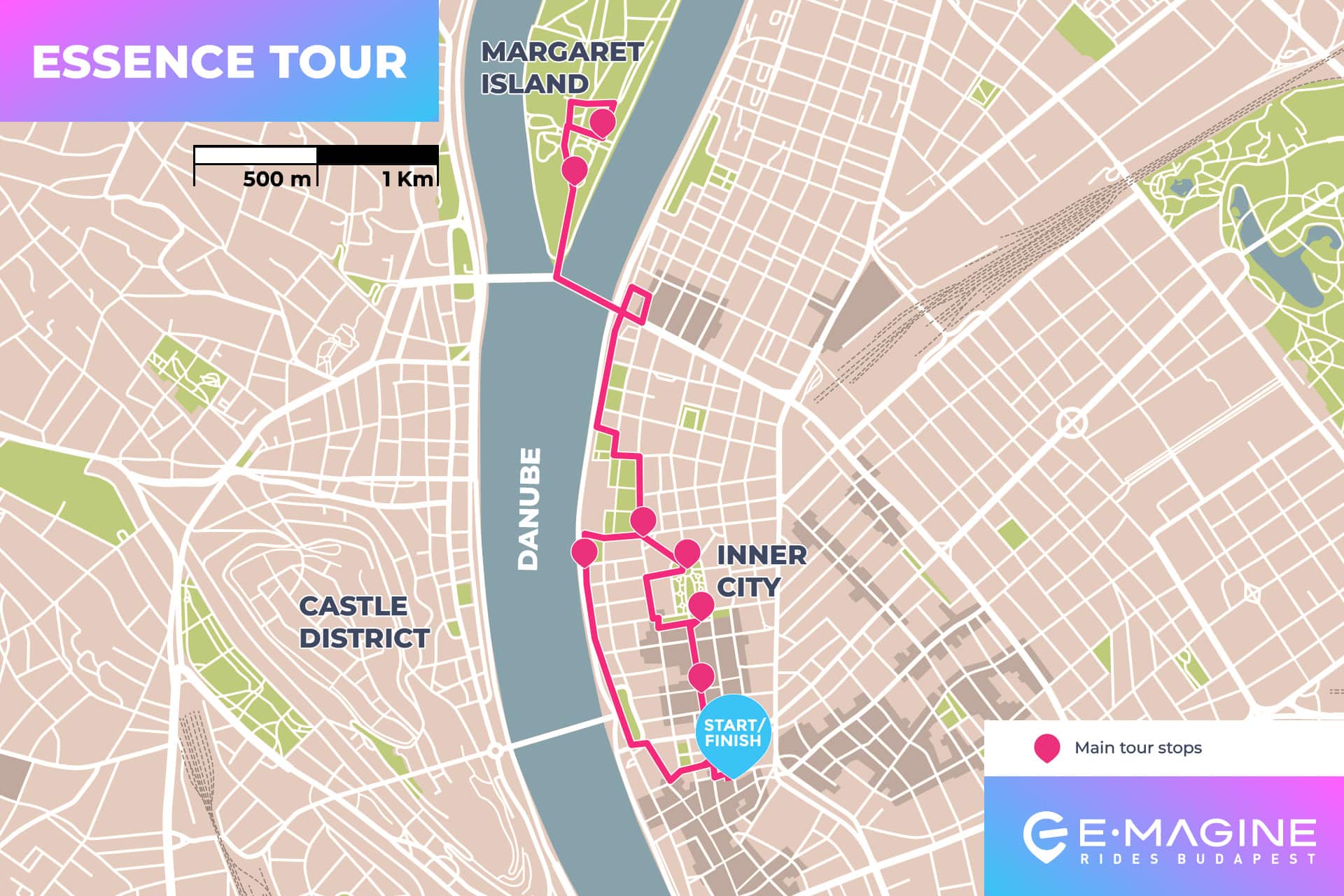 Map of Essence Tour showcasing main stops, starting and ending in the Inner City, passing by Castle District, and Margaret Island along the Danube River. Includes a 500m/1km scale.