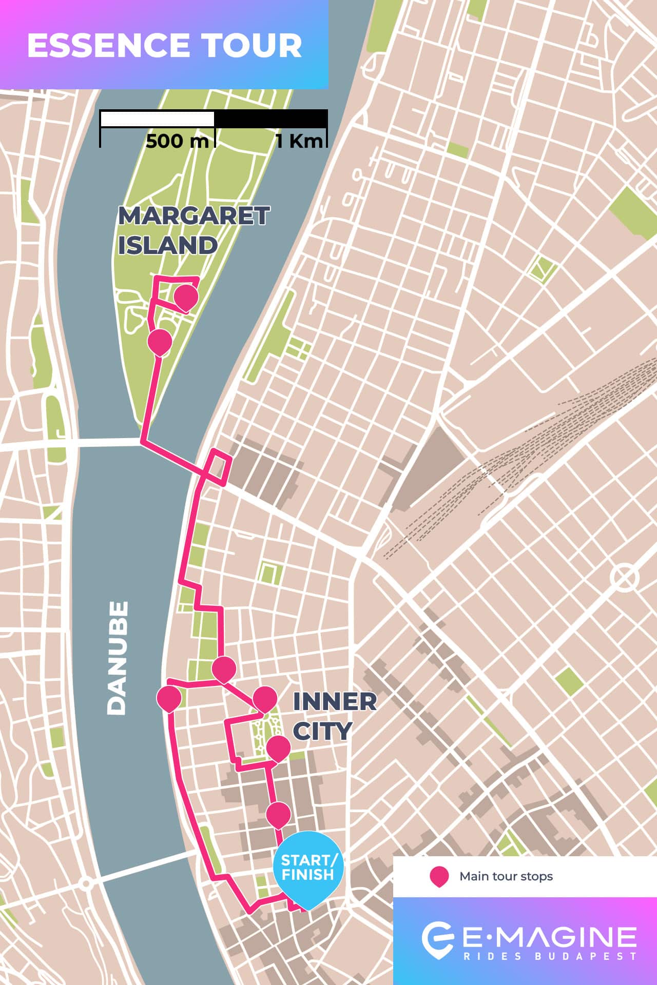 A map showing the Essence Tour route in Budapest, starting and finishing in the Inner City, with stops including Margaret Island. The route follows alongside the Danube River.