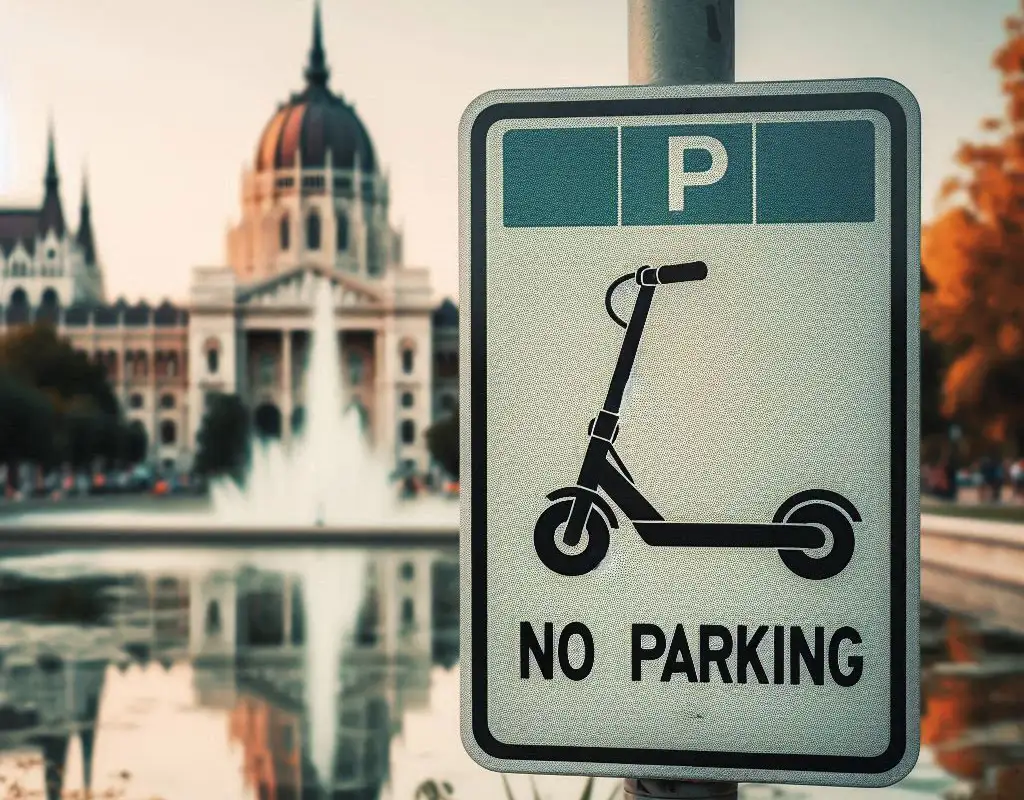 A No Parking sign for e-scooters stands in front of a reflective pool, with a historic building featuring spires and a dome in the background. The scene feels like an enchanting moment from a Budapest trip, bathed in warm, golden light.