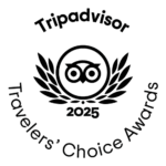 Tripadvisor Travelers’ Choice Awards 2025 logo, featuring an owl icon inside a laurel wreath with the year 2025 below, highlights e-scooter tours Budapest or e-scooter rental Budapest in the award name encircling the design.