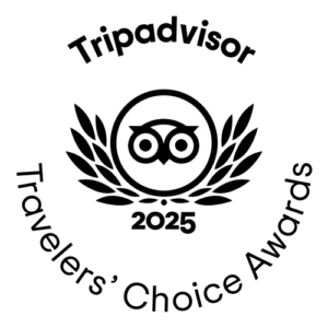 Tripadvisor Travelers’ Choice Awards 2025 logo, featuring an owl icon inside a laurel wreath with the year 2025 below, highlights e-scooter tours Budapest or e-scooter rental Budapest in the award name encircling the design.