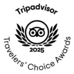 Black and white TripAdvisor Travelers’ Choice Awards 2025 logo featuring an owl face with laurel branches, perfect for showcasing top-rated e-scooter tours Budapest and trusted e-scooter rental Budapest providers.
