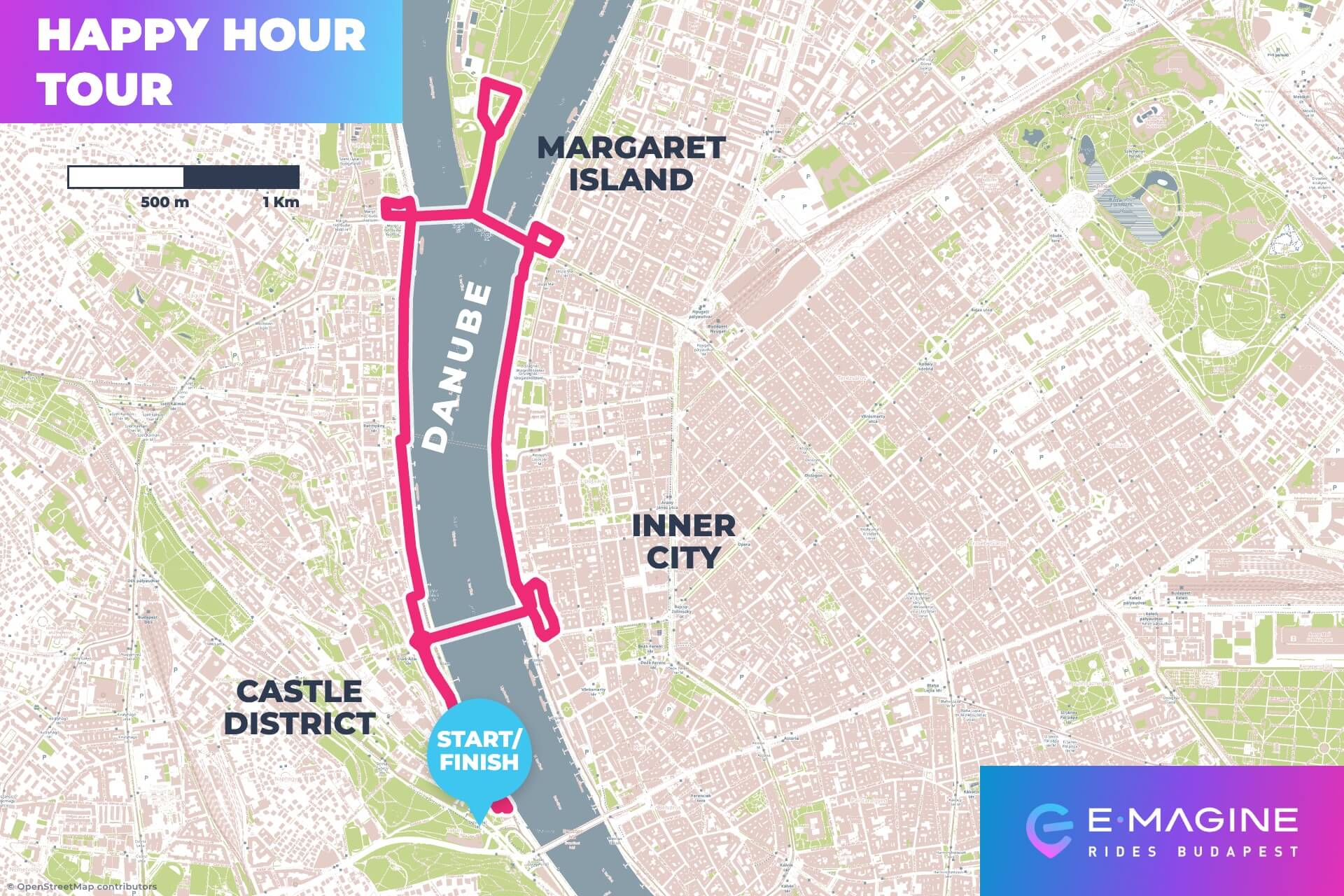 Happy Hour Route Map – Desktop Map showing The Happy Hour Tour route along the Danube in Budapest, passing Castle District, Inner City, and Margaret Island. Start/Finish is marked by the river. E-Magine Rides Budapest logo at the bottom.