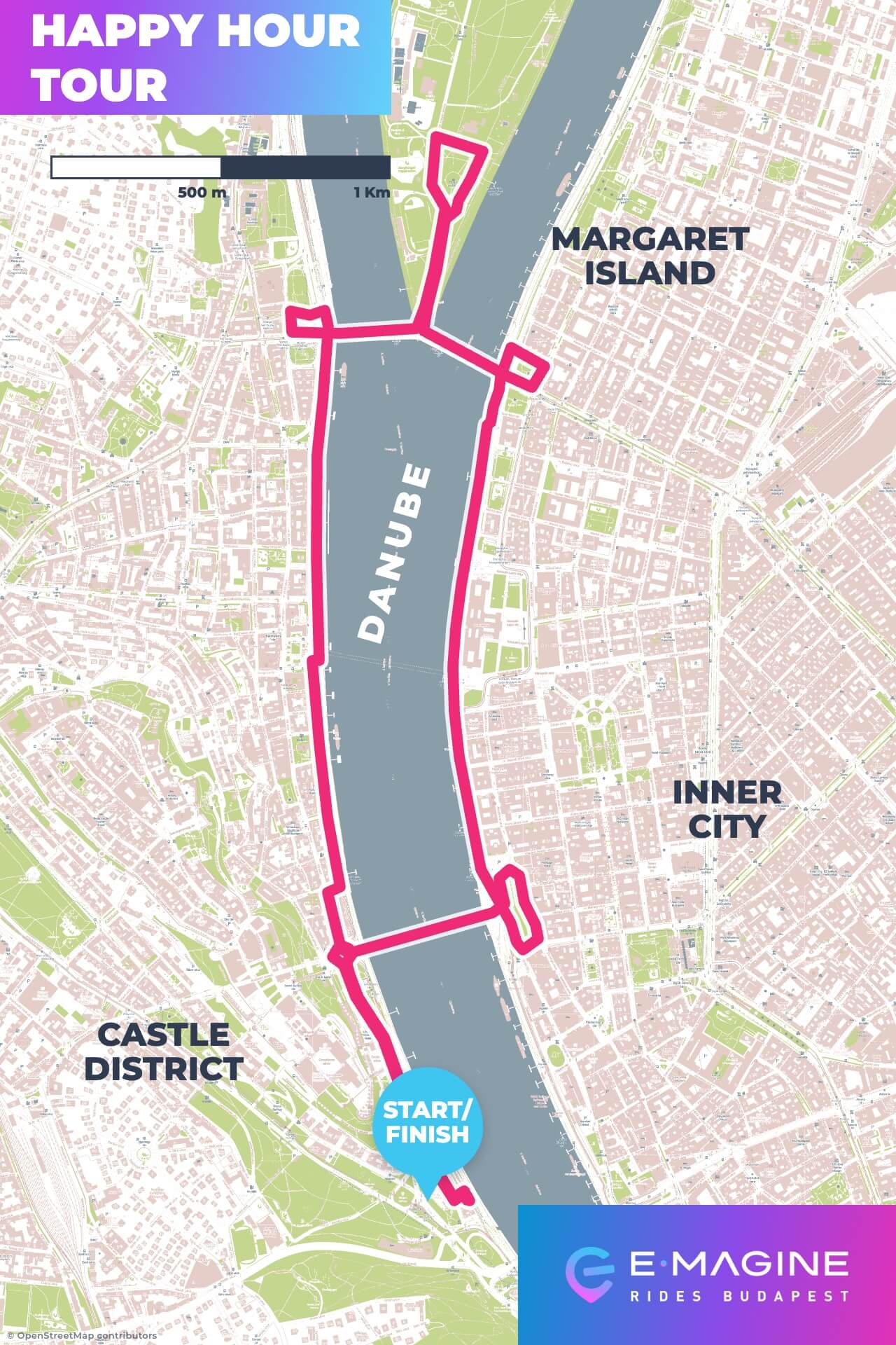 Happy Hour Route Map – Mobile A map of Budapest highlights The Happy Hour Tour route along the Danube River, passing Castle District, Margaret Island, and Inner City. The start/finish is marked in blue near the river’s southern end.