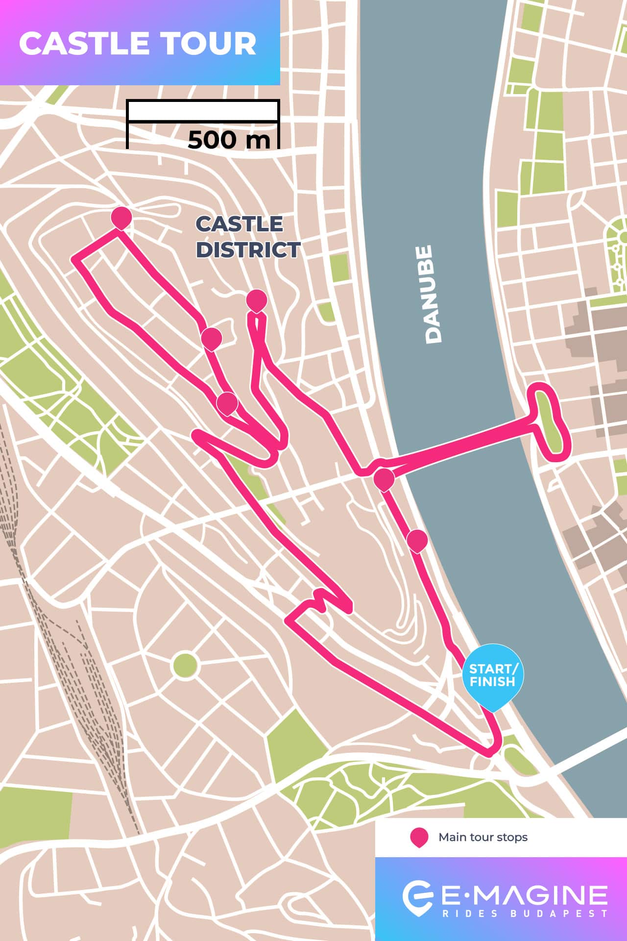 route castle mobile Map showing the Budapest sightseeing Castle Tour route in the Castle District. A pink line traces the path with marked main tour stops, starting and ending near the Danube River. Scale bar and tour title included.