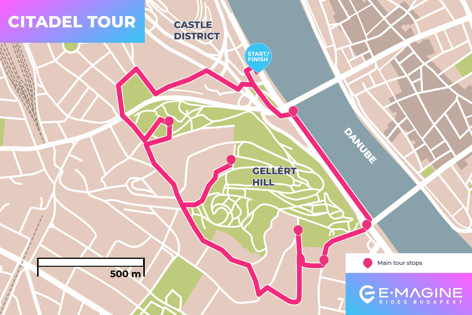 Map showing the Citadel Tour route around Gellért Hill and Castle District in Budapest. The route includes several main tour stops, starting and finishing near the Danube River. Map showing the Citadel Tour route around Gellért Hill and Castle District in Budapest. The route includes several main tour stops, starting and finishing near the Danube River.