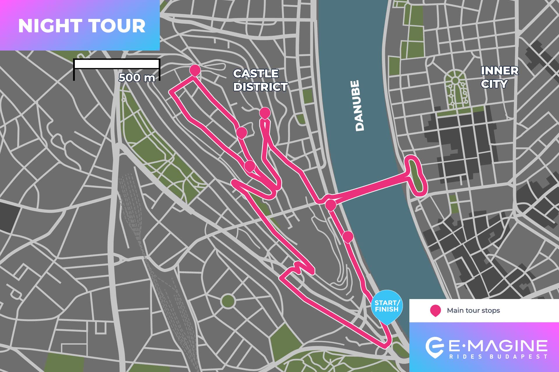 A map of the “Night Tour” route in Budapest, highlighting main tour stops in the Castle District and Inner City. The tour starts and finishes near the Danube River. Scale bar and logo included. A map of the "Night Tour" route in Budapest, highlighting main tour stops in the Castle District and Inner City. The tour starts and finishes near the Danube River. Scale bar and logo included.