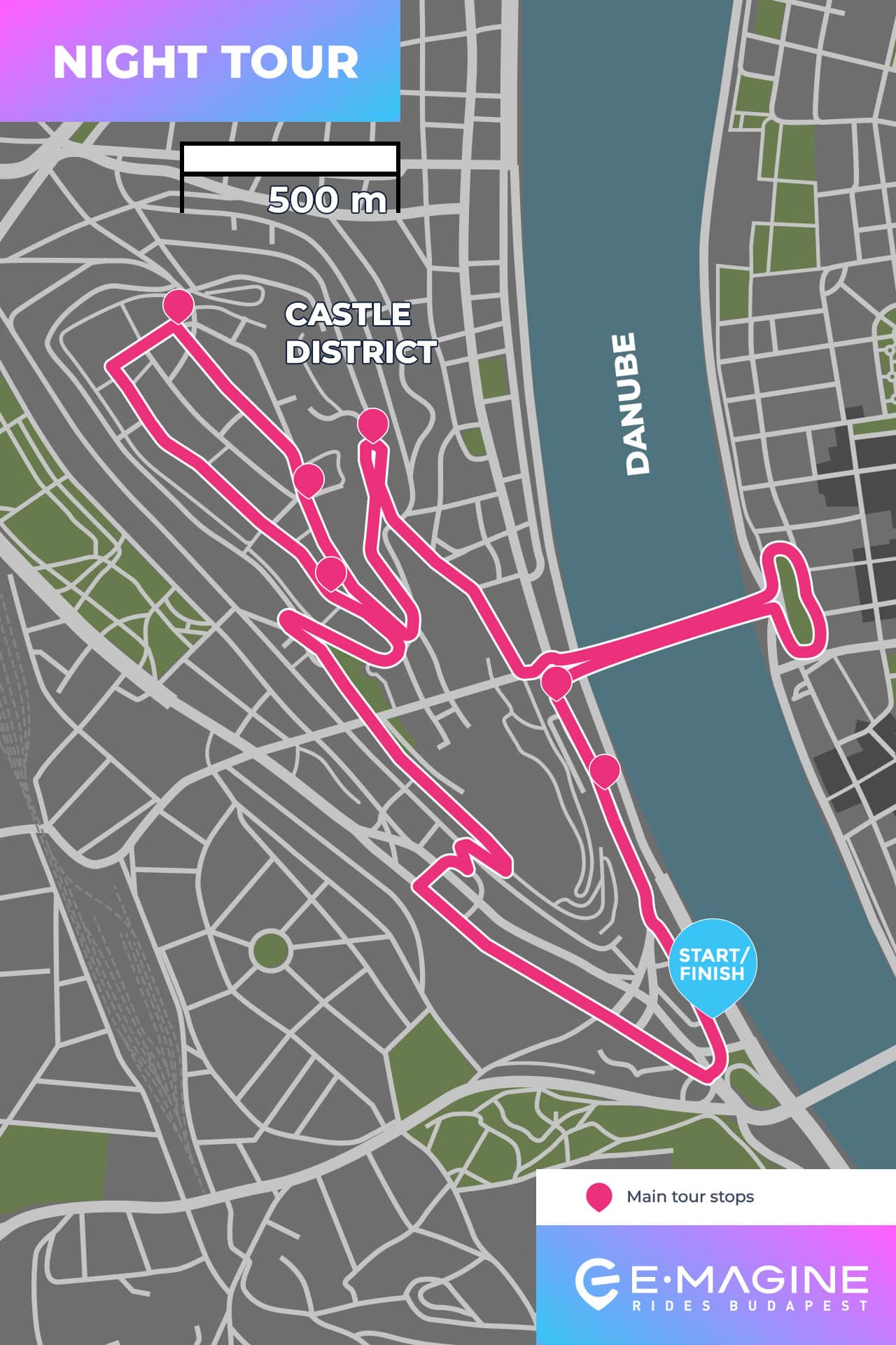 Map showing the route of a night tour in Budapest’s Castle District, starting and finishing near the Danube River, with main tour stops indicated. A 500m scale is included. Map showing the route of a night tour in Budapest's Castle District, starting and finishing near the Danube River, with main tour stops indicated. A 500m scale is included.